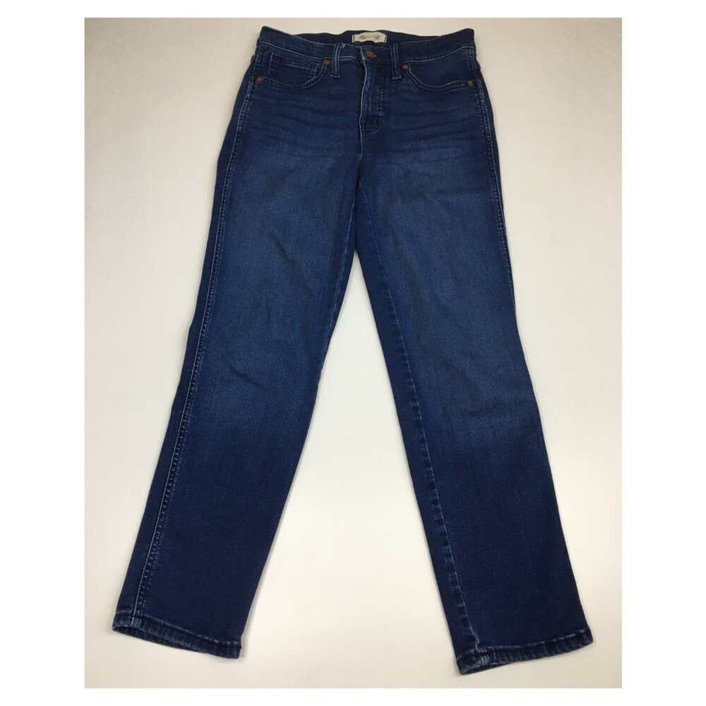MADEWELL Medium/Dark Wash Mid-Rise Stove Pipe 5 Pocket Logo Hardware Jeans